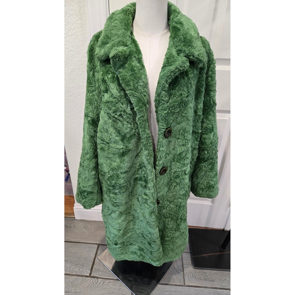 Corky & Company Green Faux Fur Long Coat Large Style 2063 Plush Button Front